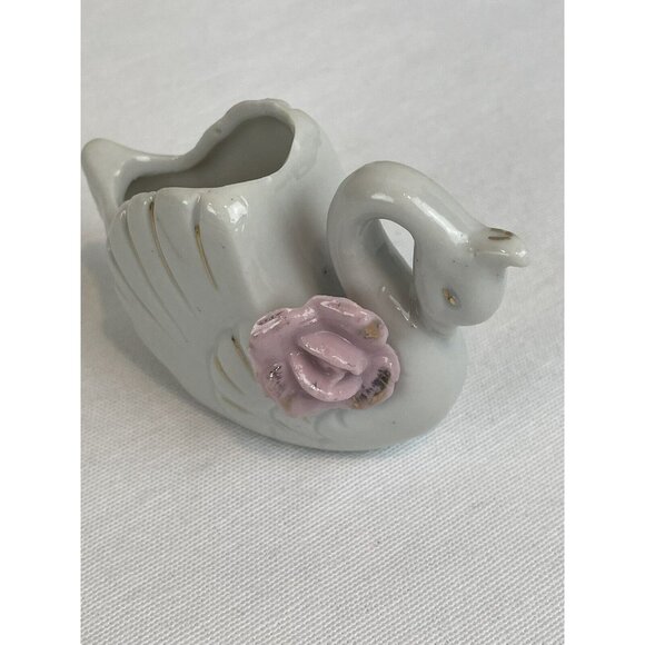 Vintage Mini White Swan Ceramic Planter Trinket Dish Pink Ceramic Roses Japan 2" - Picture 7 of 11
